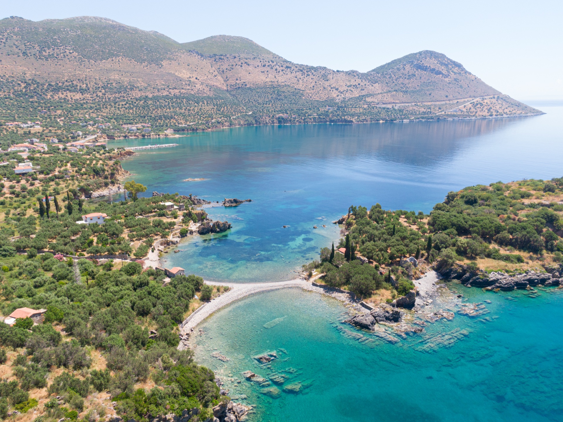 Aerial view of twin beach cove, East Mani coastline Greece