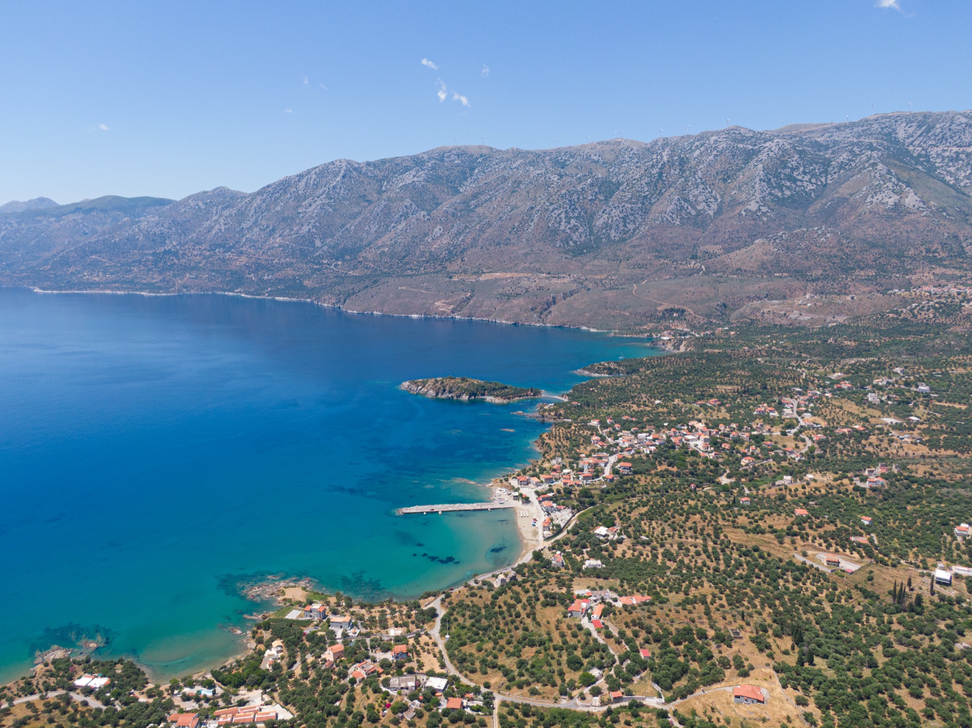 Aerial view of Kotronas bay and mountains, East Mani Laconia Greece