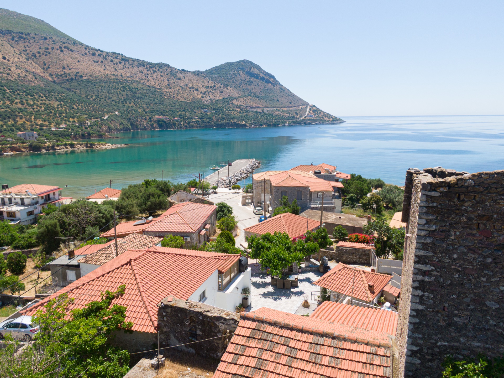 Kotronas village harbour and seafront, East Mani Laconia Greece