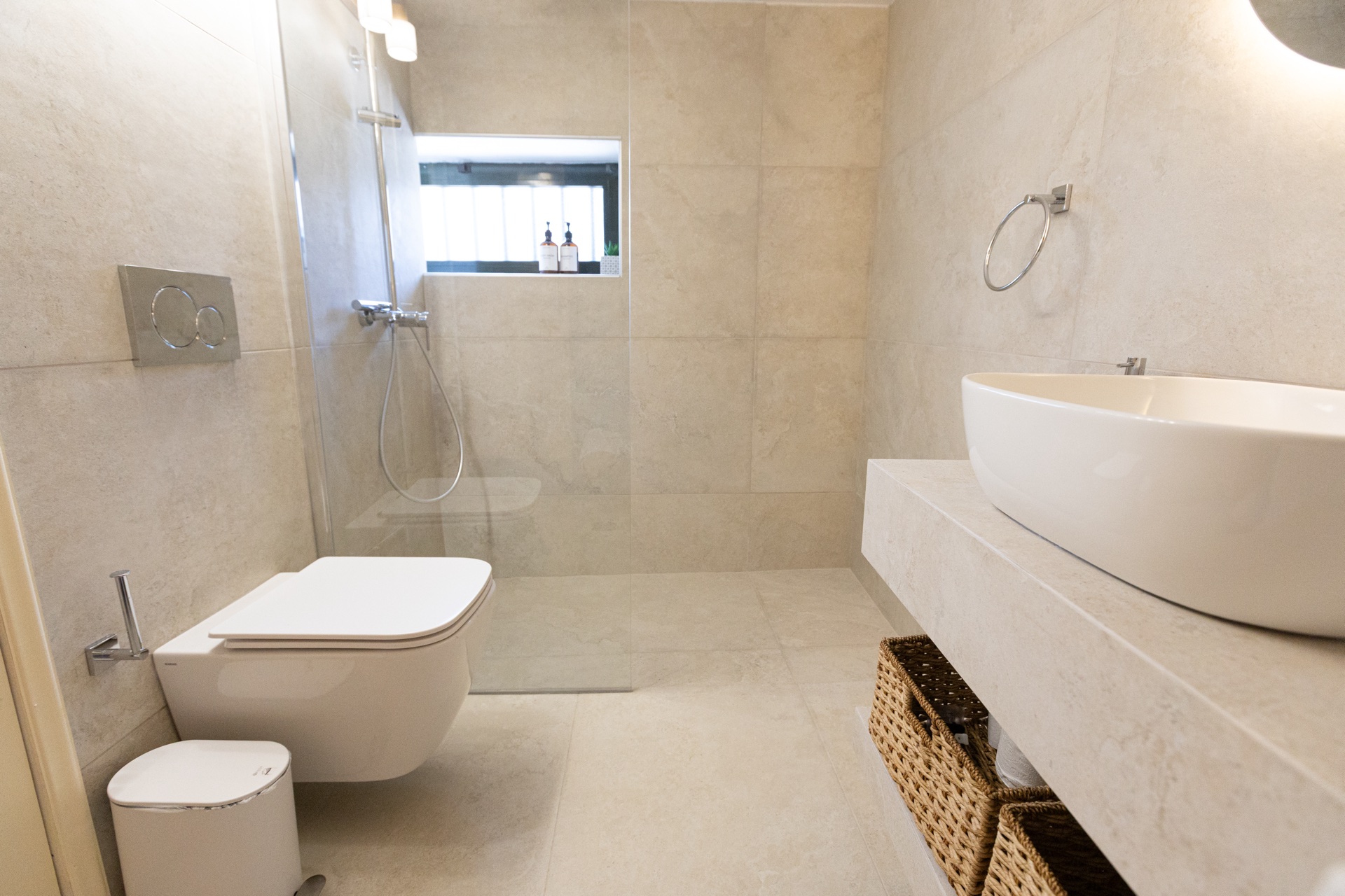 Bright bathroom with walk-in shower, traditional guesthouse Kotronas Greece