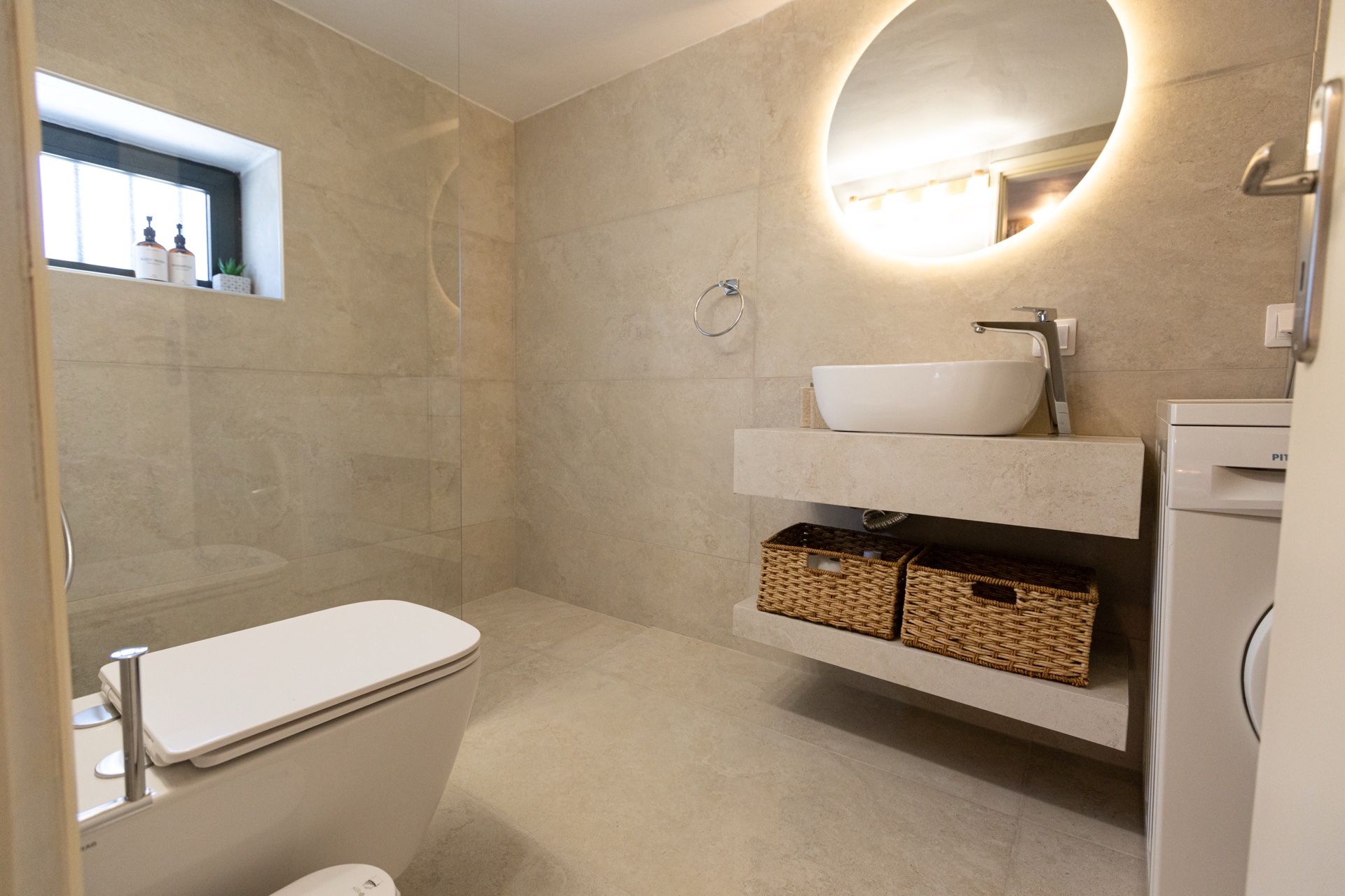 Bathroom with stone tile finishes, stone house vacation rental Laconia Greece