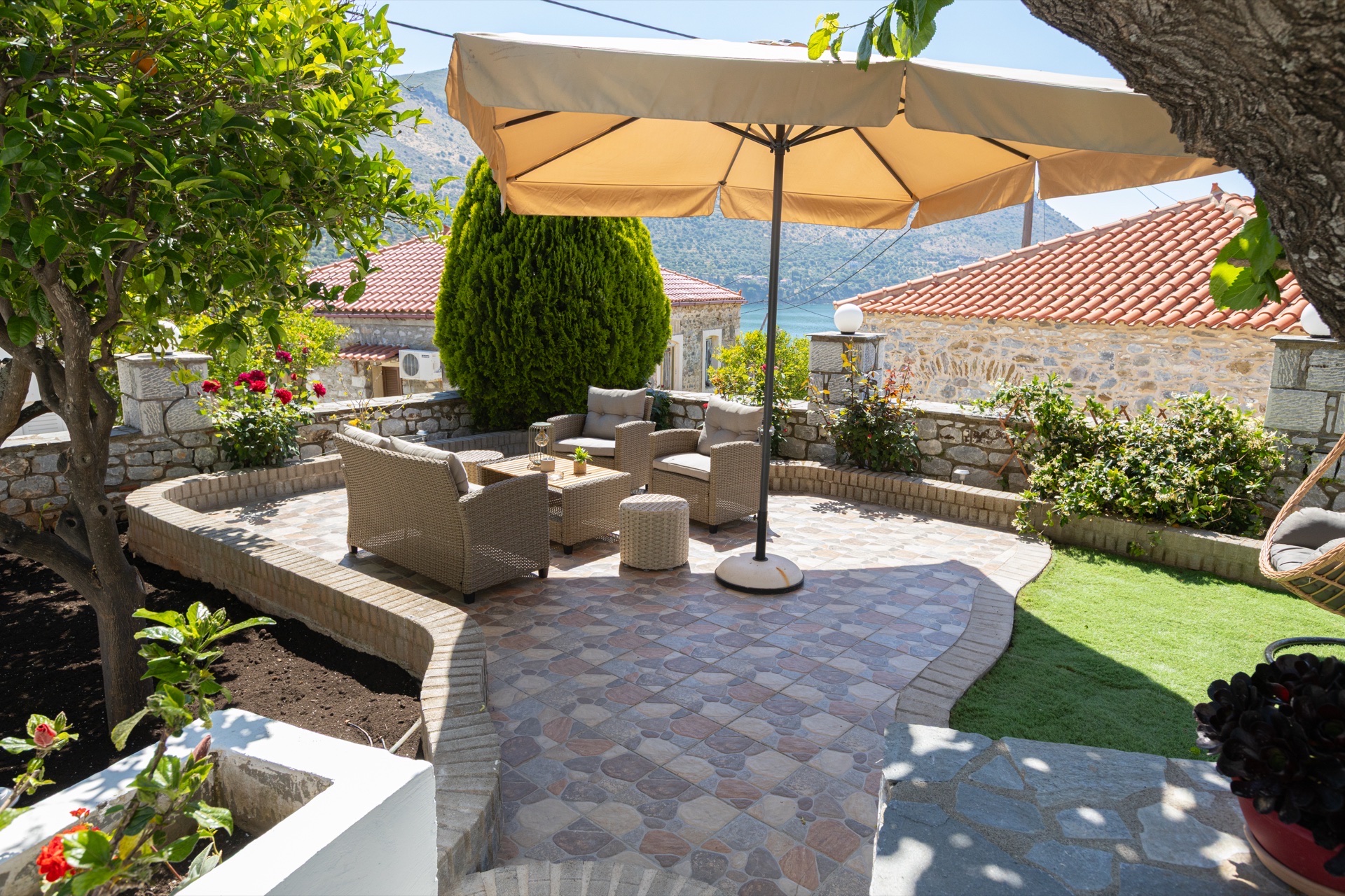 Bedroom terrace with private garden, stone house Mani Greece